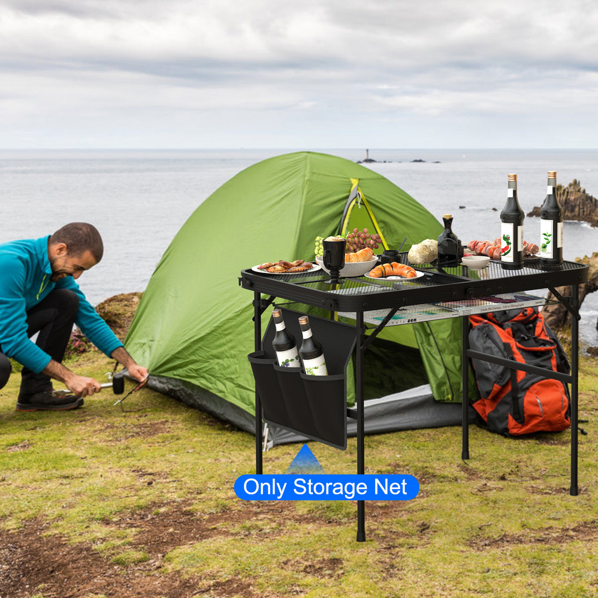 Hanging Camping Table Storage Net with 3 Side Pockets