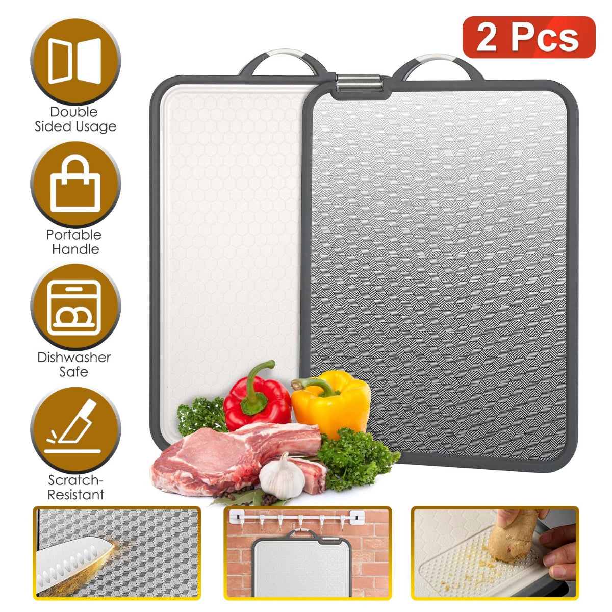 Two gray cutting boards with features and uses displayed on a white background
