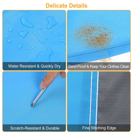 A four-panel feature graphic for a blue grid-patterned fabric, with the headline 'Delicate Details.' The panels show water droplets rolling off the surface and drying quickly, sand being pushed aside, a metal tool scratching the surface without damage, and close-up stitching along the edge.