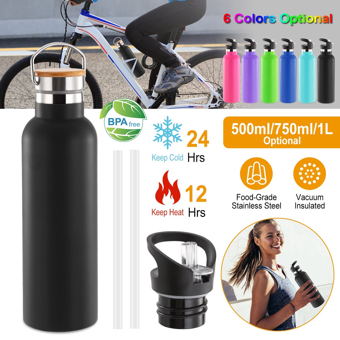 Black insulated water bottle with features and color options displayed on a white background