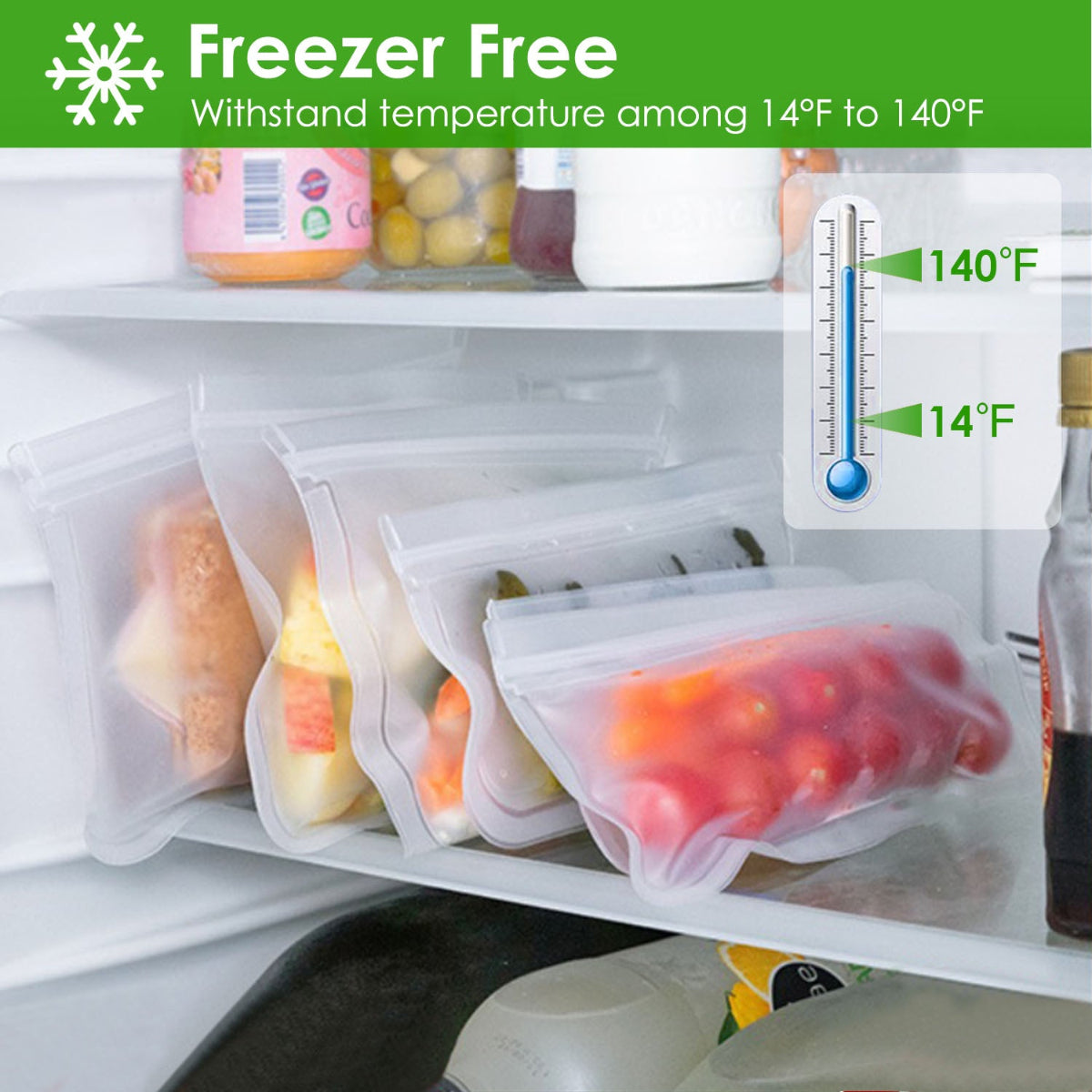 Freezer-free food storage bags in a refrigerator with temperature indicator.