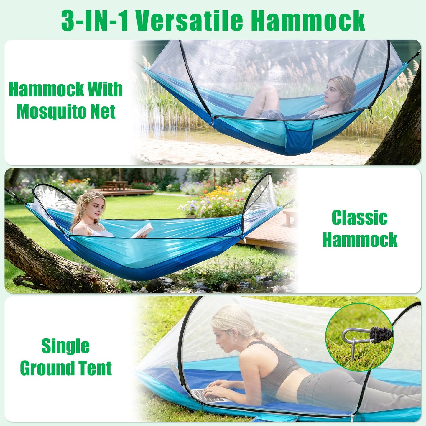 Lake Forest 3-in-1 Camping Hammock with Mosquito Net – RoBlue/SkyBlue