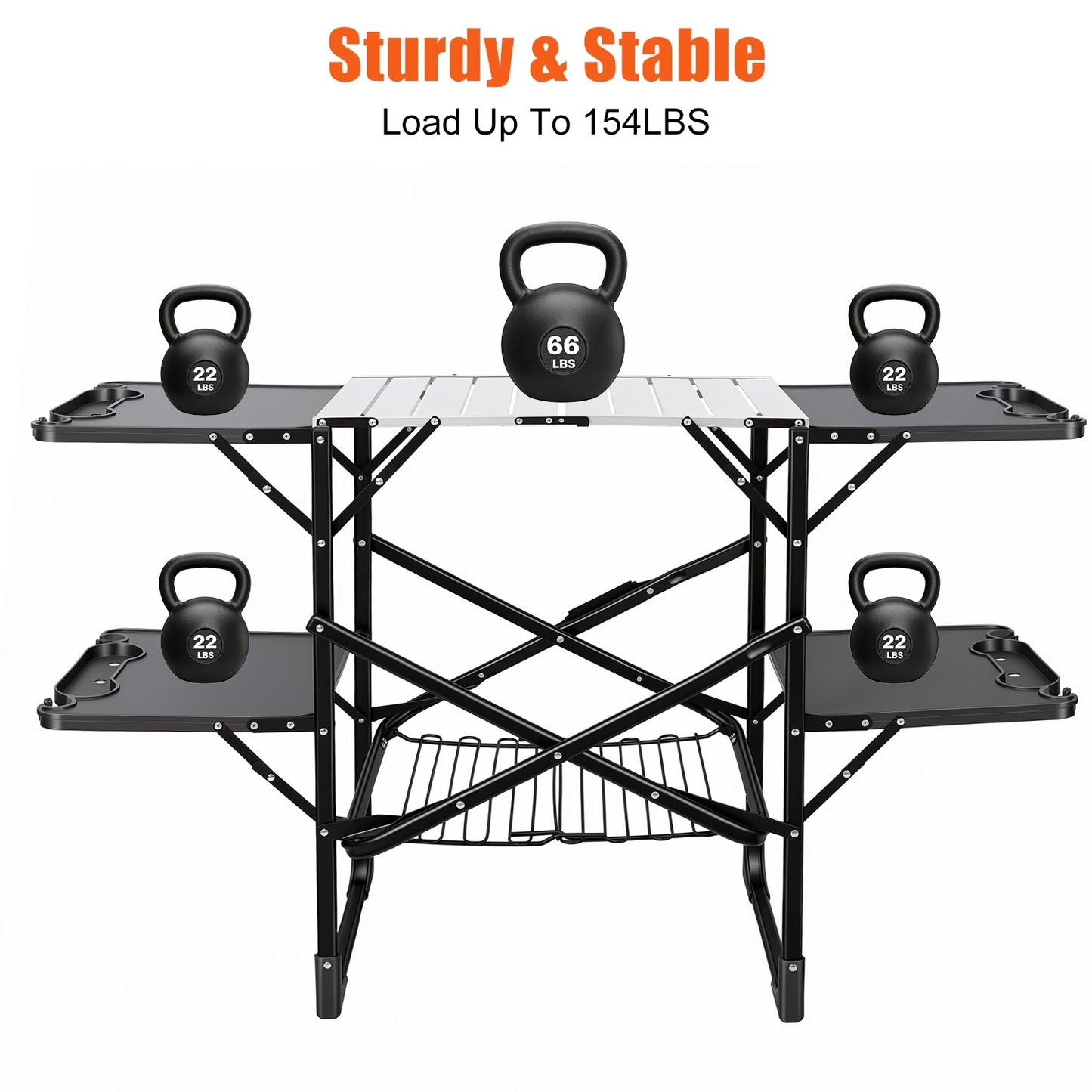 Black Folding Camping Kitchen Table with 4 Side Tables & Storage Rack