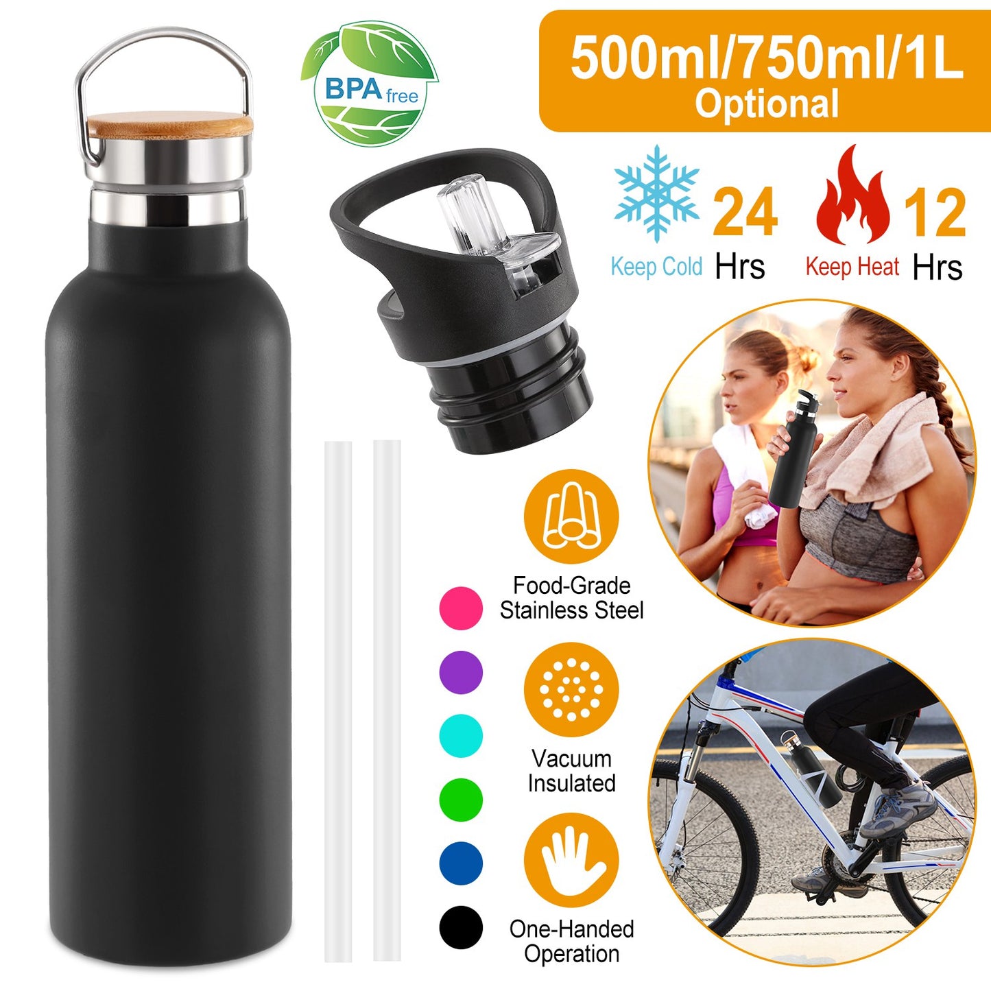 Black insulated water bottle with features and uses displayed on a white background