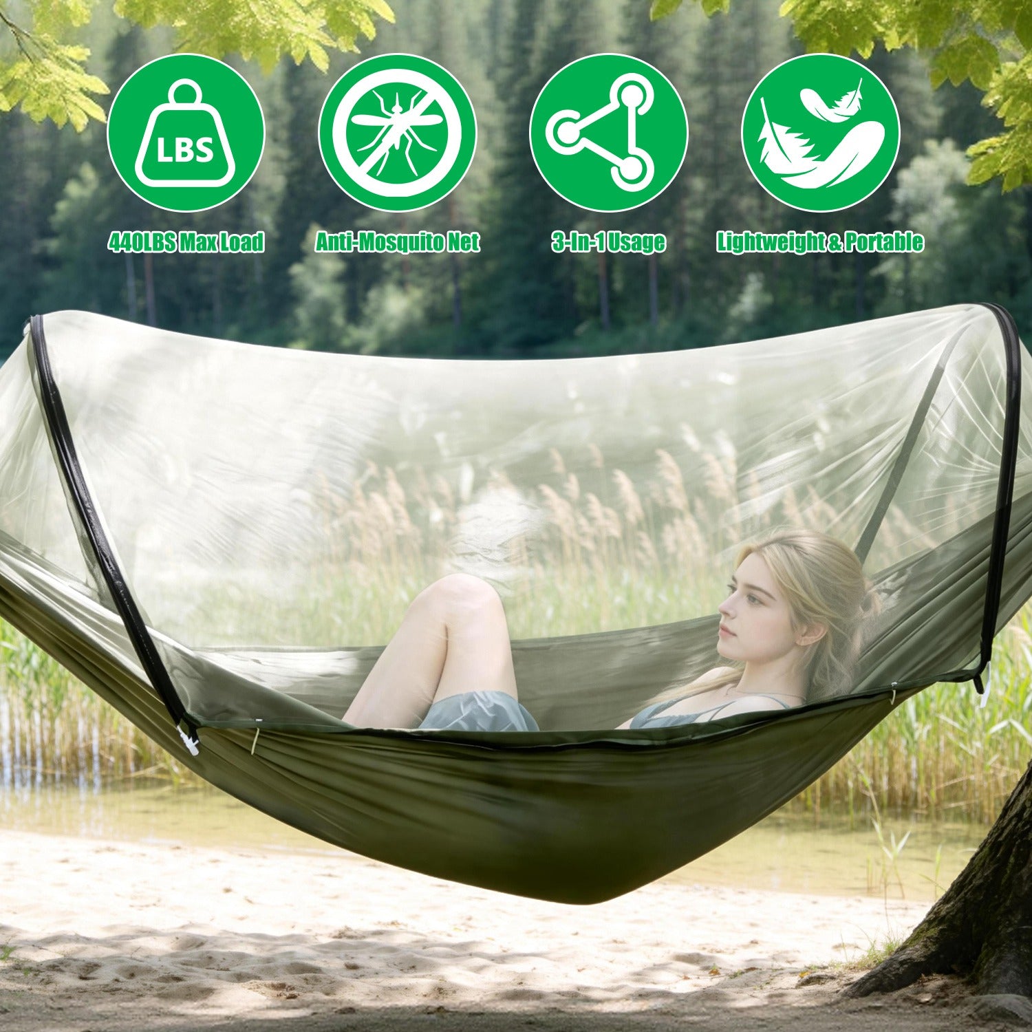 Person relaxing in a green hammock with mosquito netting in a natural setting.