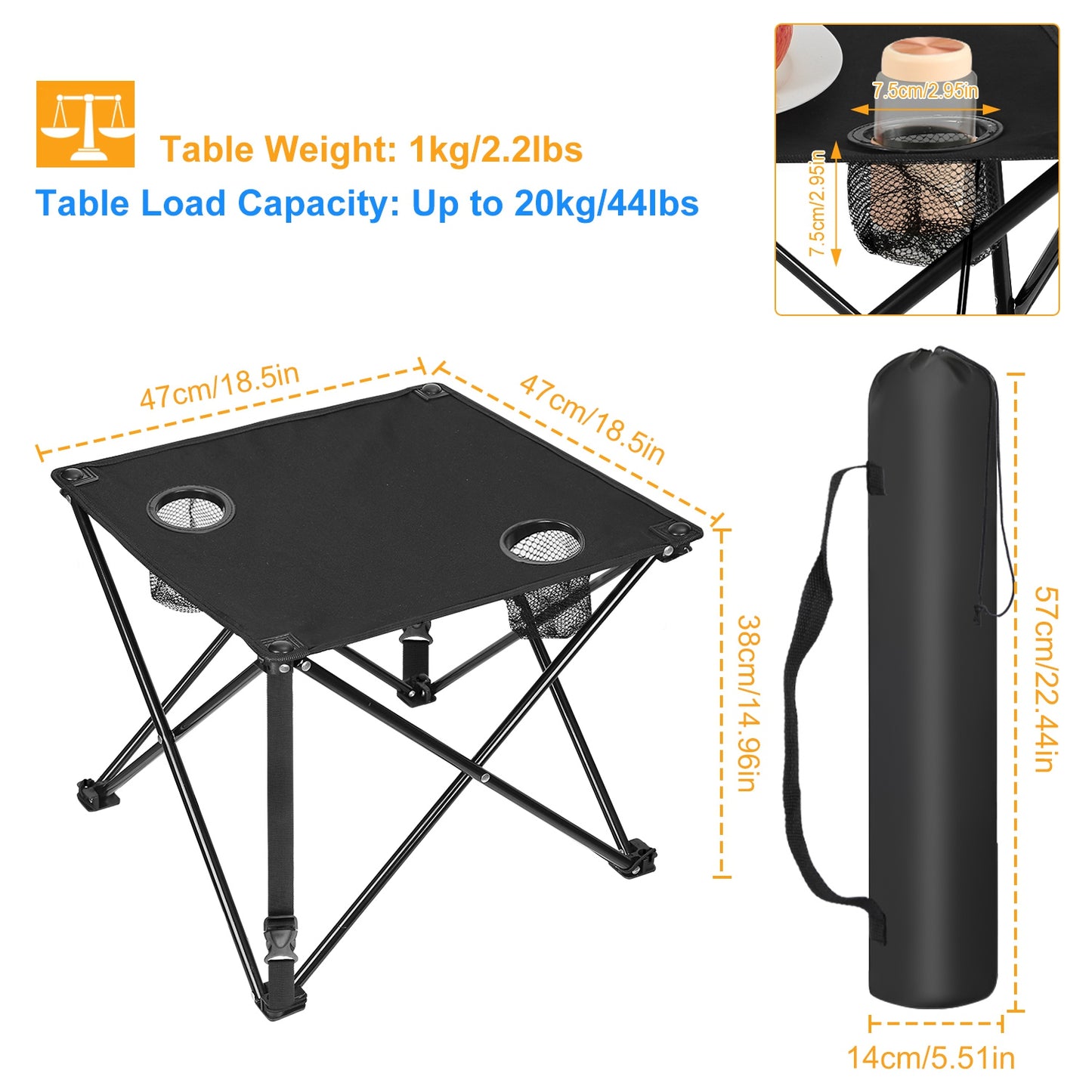 Lake Forest Orange Portable Folding Camping Table with 2 Cup Holders
