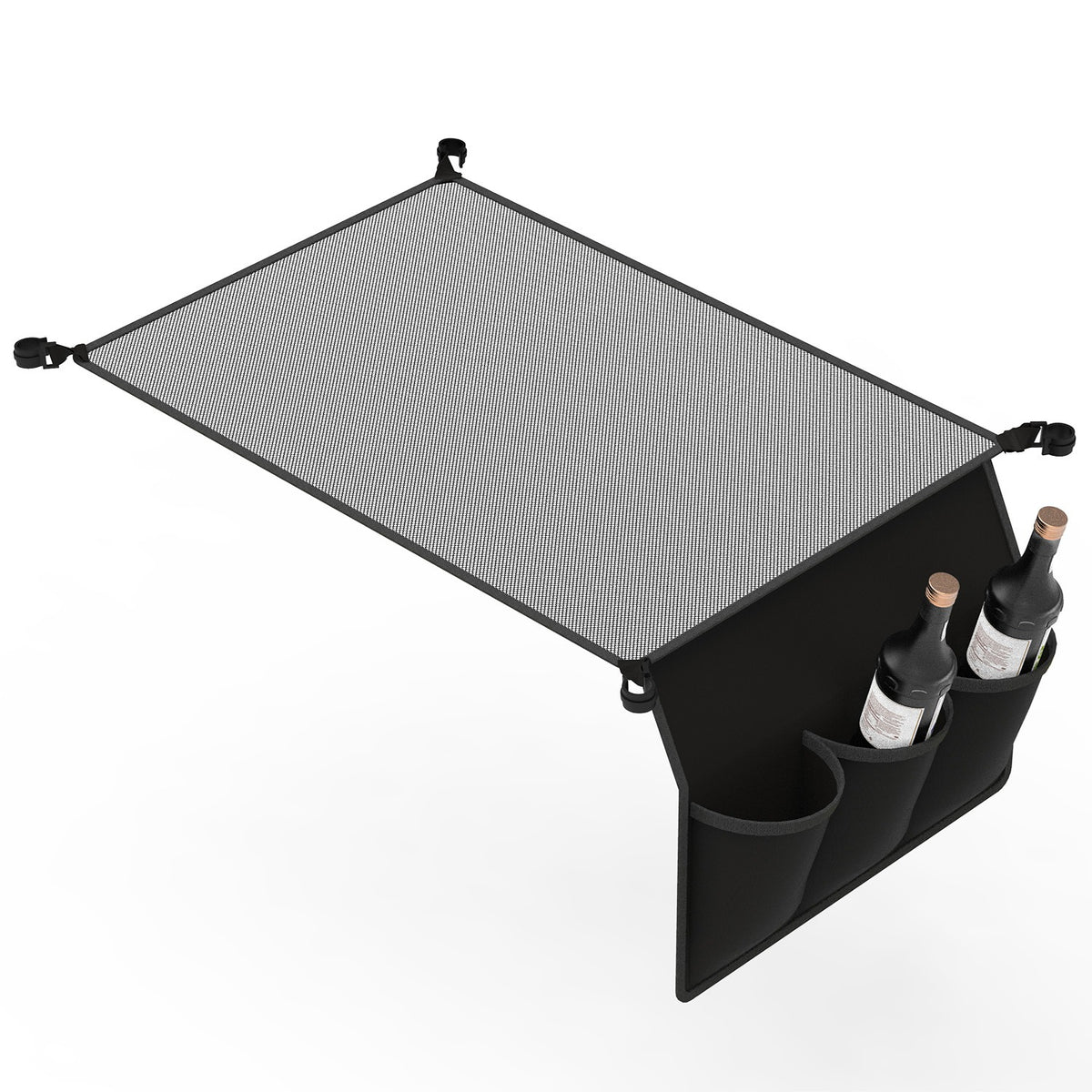 Black car organizer with mesh top and bottle holders on a white background