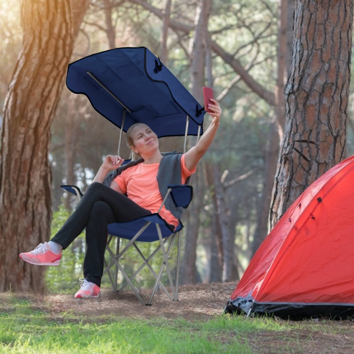 Navy Blue Foldable Canopy Camping Chair with Cup Holder