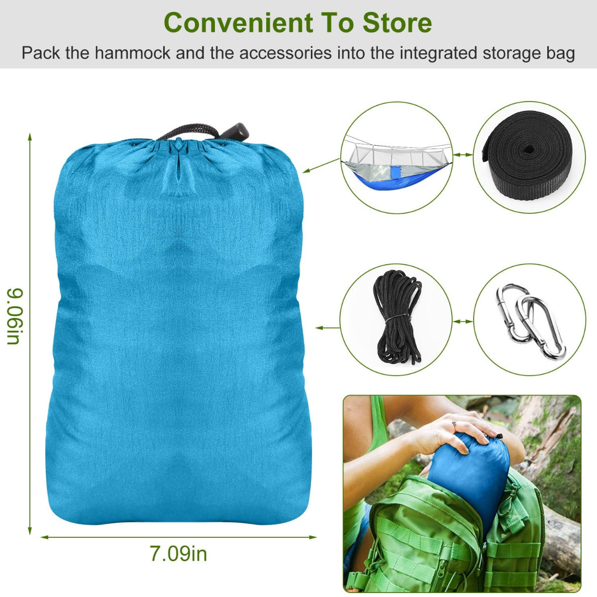 Blue storage bag with hammock and accessories, showing dimensions and usage.