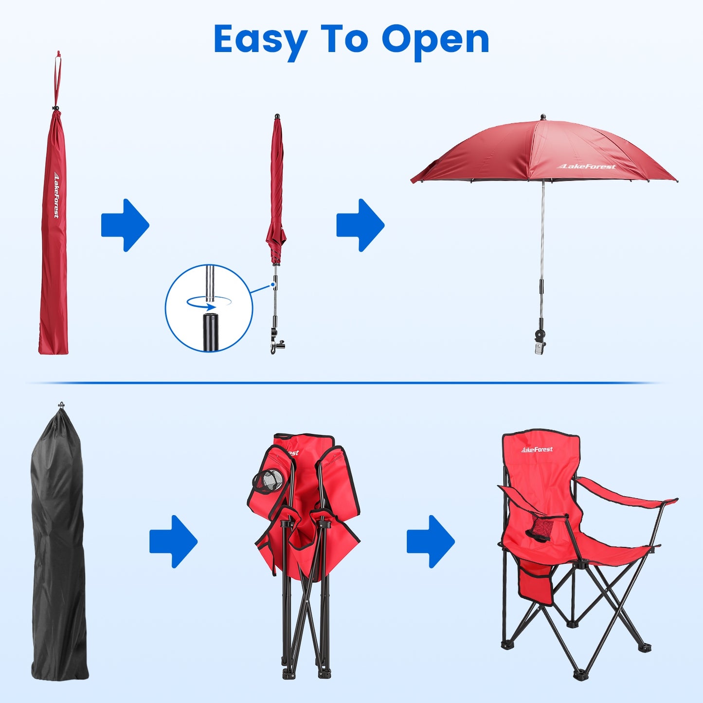 Lake Forest Red Foldable Camping Chair with Detachable Umbrella
