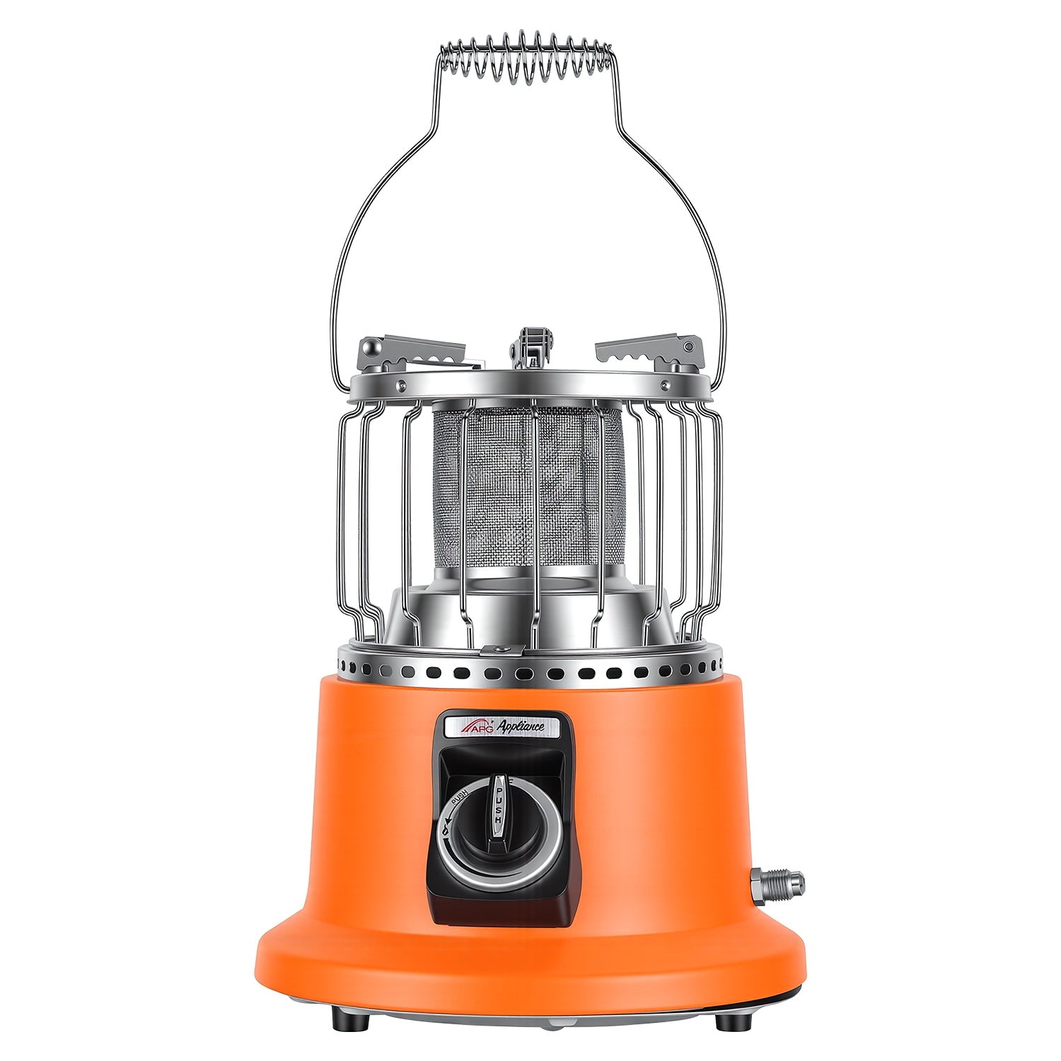 Orange camping lantern with metal mesh and visible brand logo on a white background