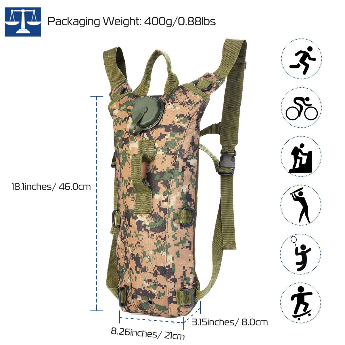 Camouflage hydration backpack with dimensions and icons on a white background