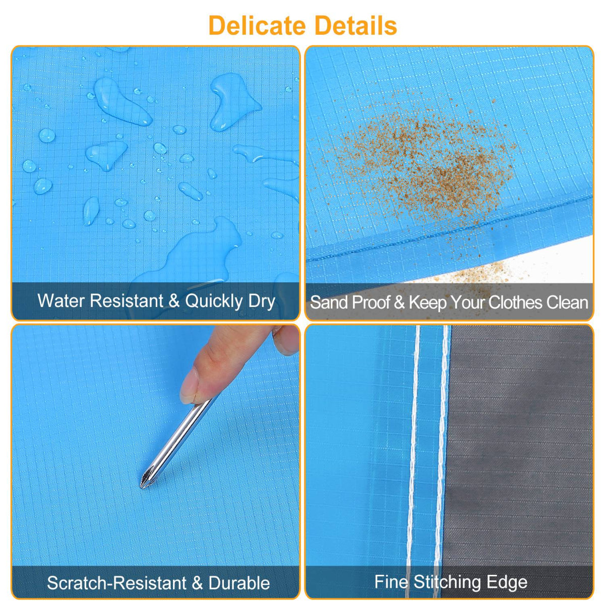 Collage of a blue fabric with text highlighting its features on a blue background.