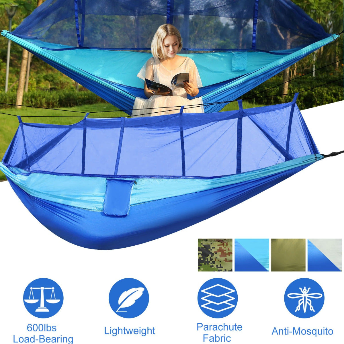 Blue hammock with mosquito net and person reading a book, surrounded by color swatches and feature icons.