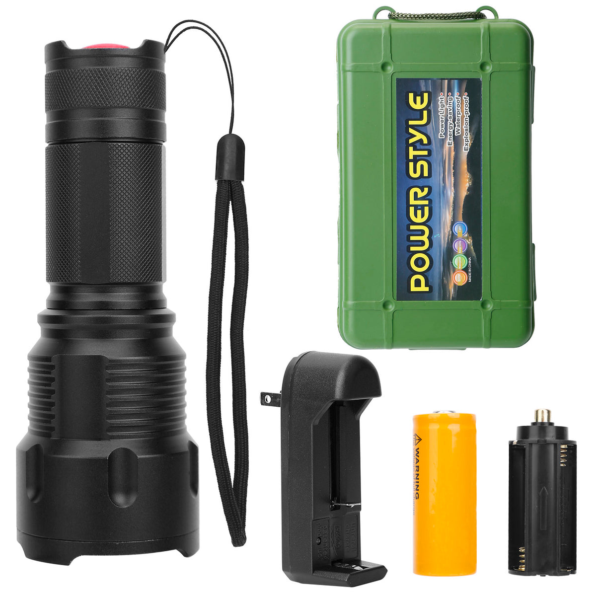Black flashlight with green carrying case, battery, and charger on a white background