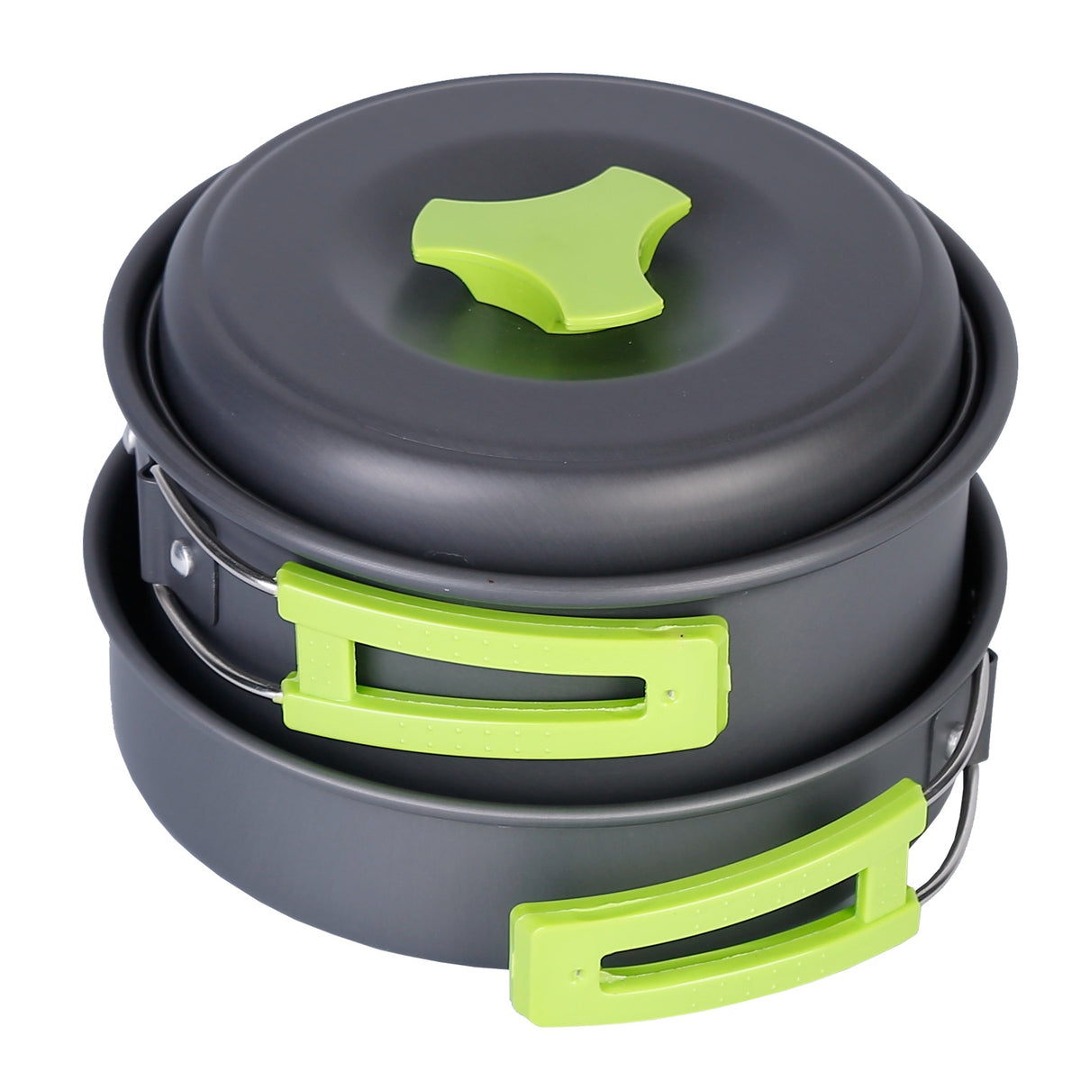 Set of gray camping cookware with green handles and lid knob on a white background