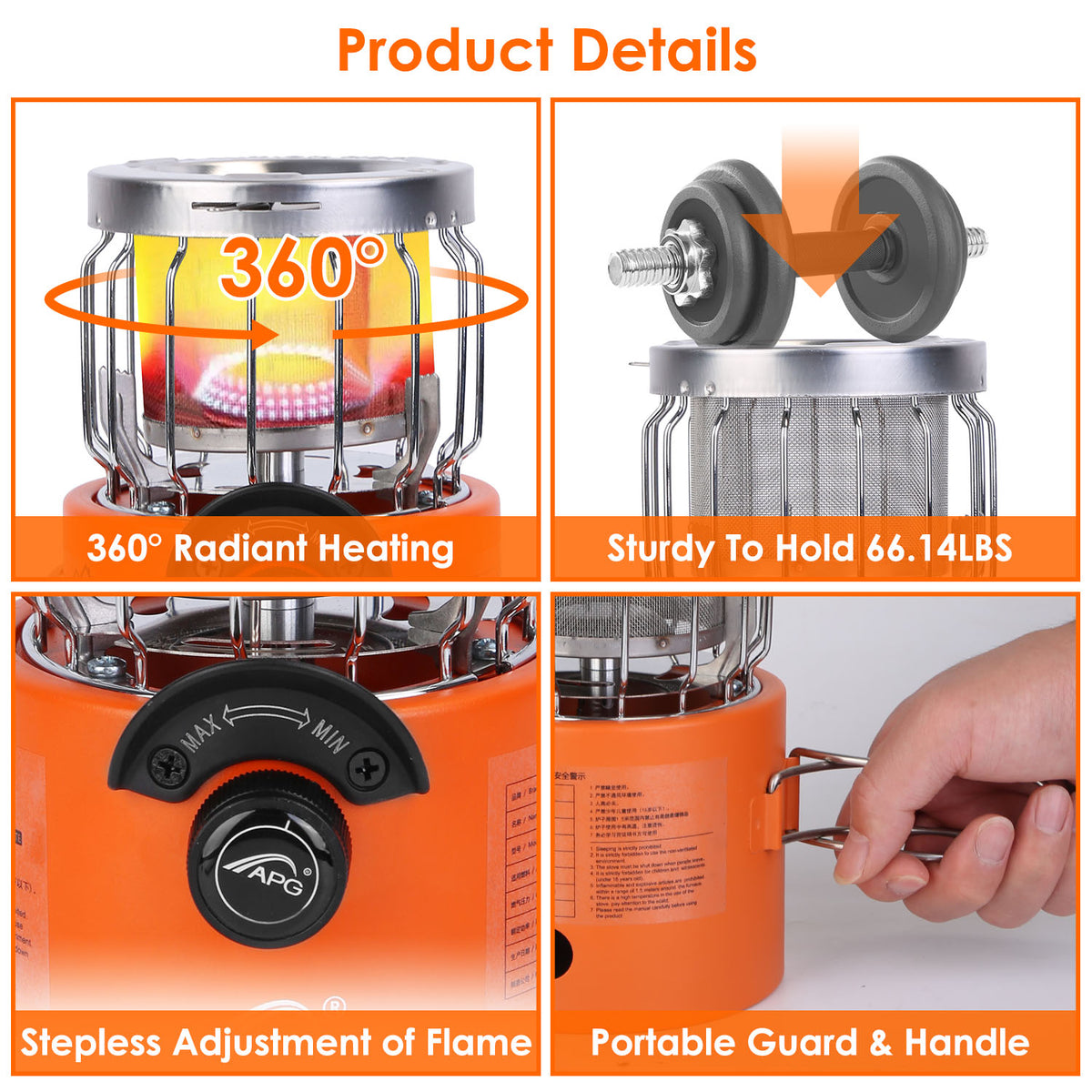 Portable stove with features highlighted on an orange background