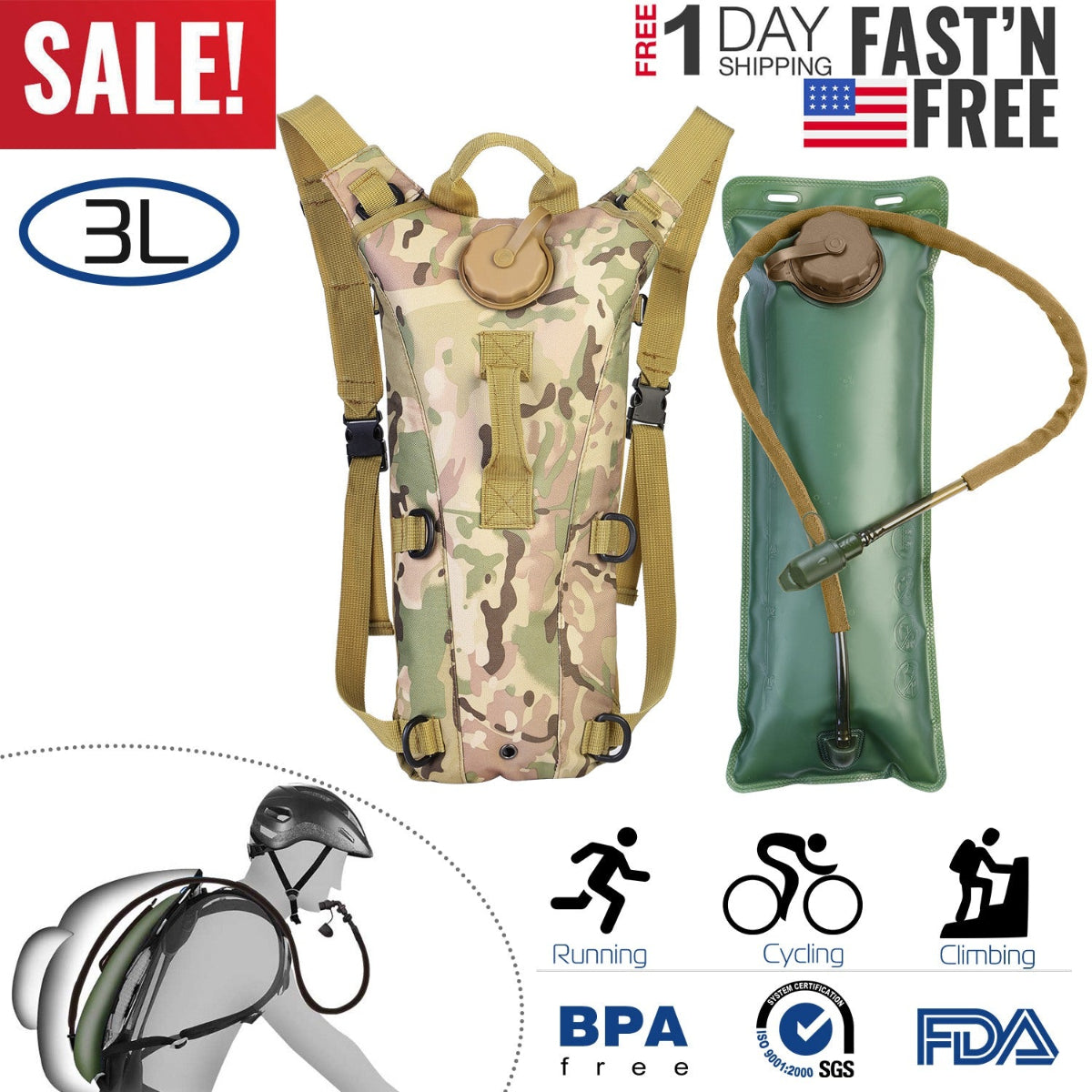 Camouflage hydration backpack with green bladder, sale banner, and icons for various activities.