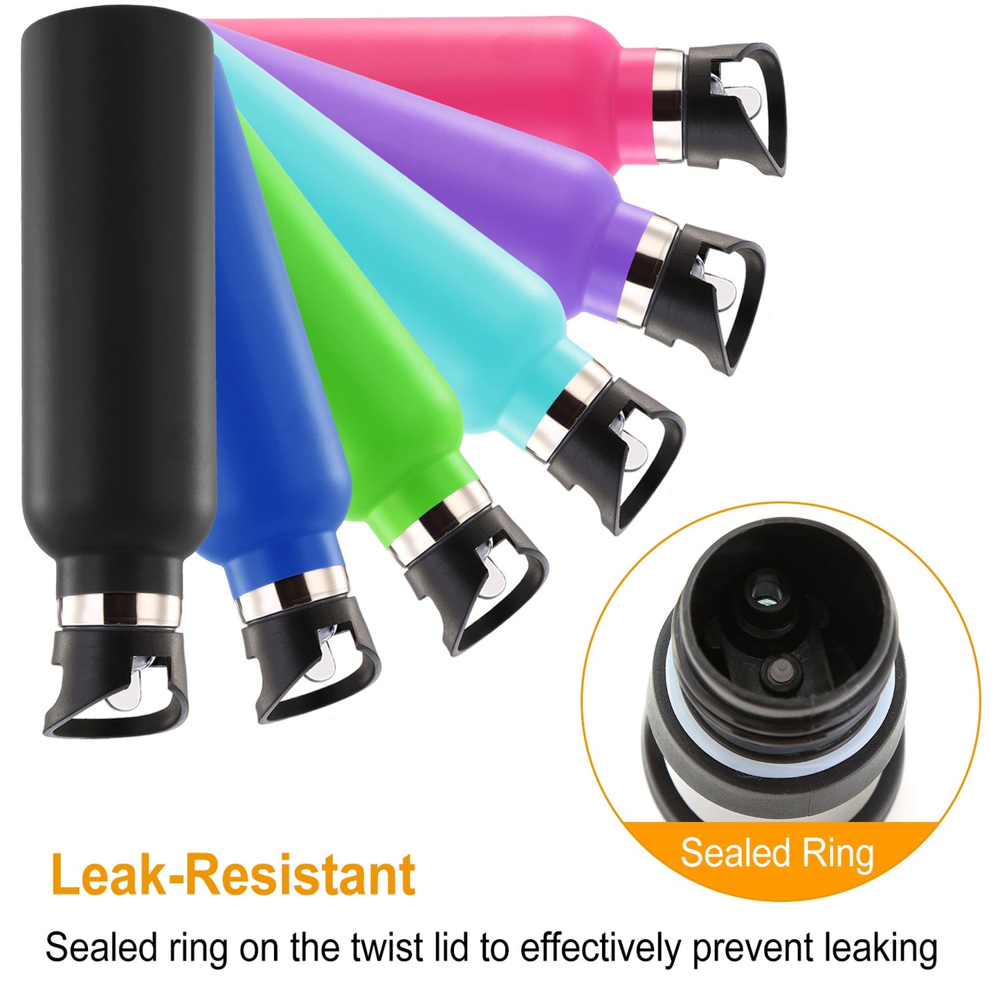 Set of colorful bottles with twist lids on a white background, highlighting leak-resistance feature.