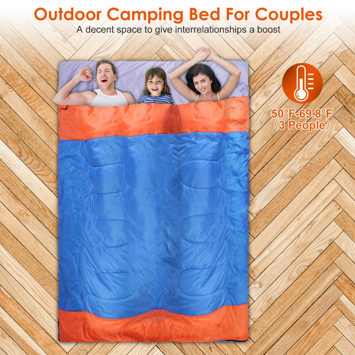 Blue and orange camping bed for couples on a wooden floor with text indicating temperature range and number of people.