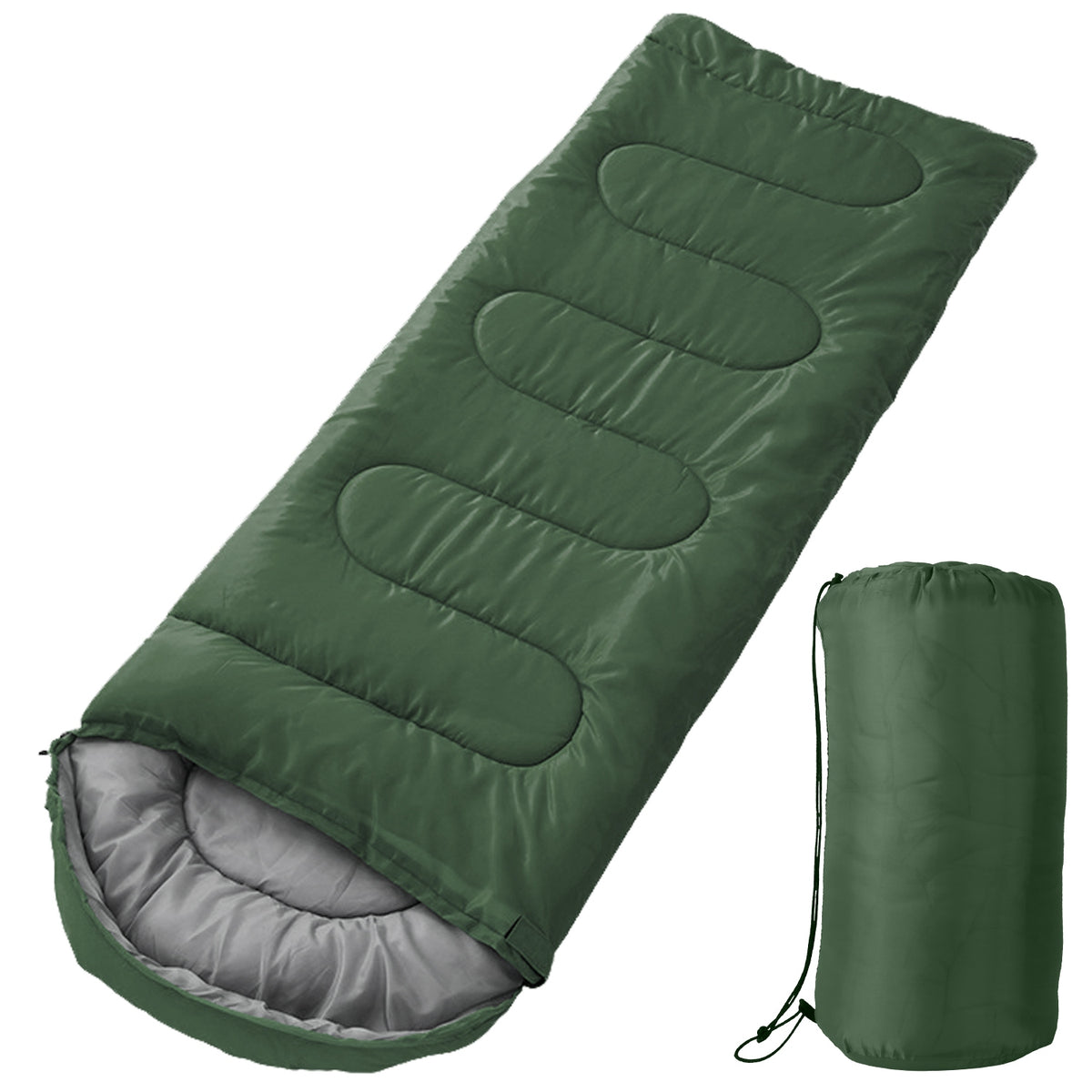 An olive green mummy sleeping bag shown open with a gray interior lining, alongside its matching green drawstring carry bag on a plain white background.