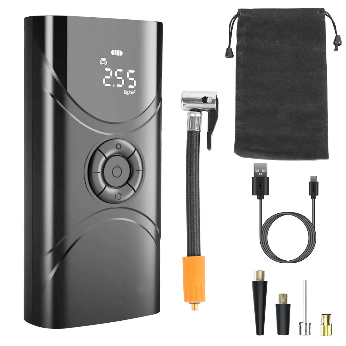 Black electronic device with digital display, black pump, black pouch, and various nozzles on a white background