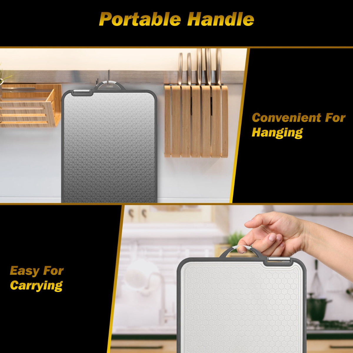 Knife holder with a portable handle for convenience and carrying, shown in a kitchen setting.