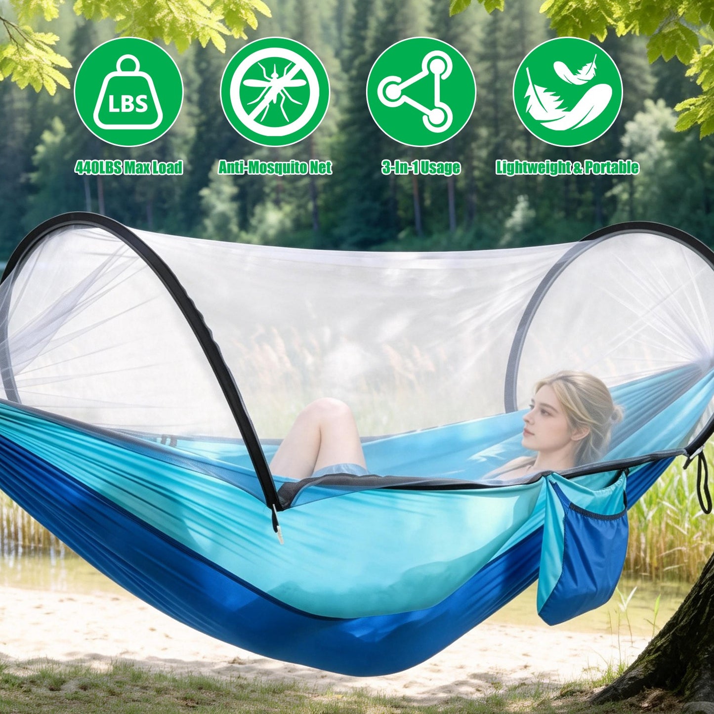 Lake Forest 3-in-1 Camping Hammock with Mosquito Net – RoBlue/SkyBlue