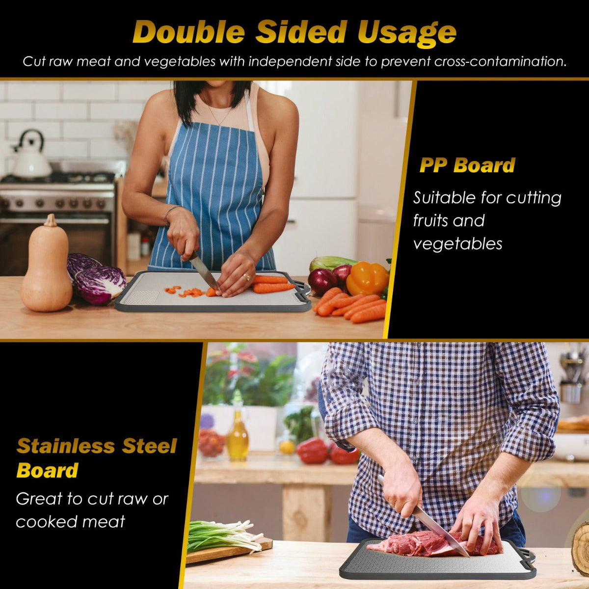 Person using a cutting board for meat and vegetables in a kitchen setting.