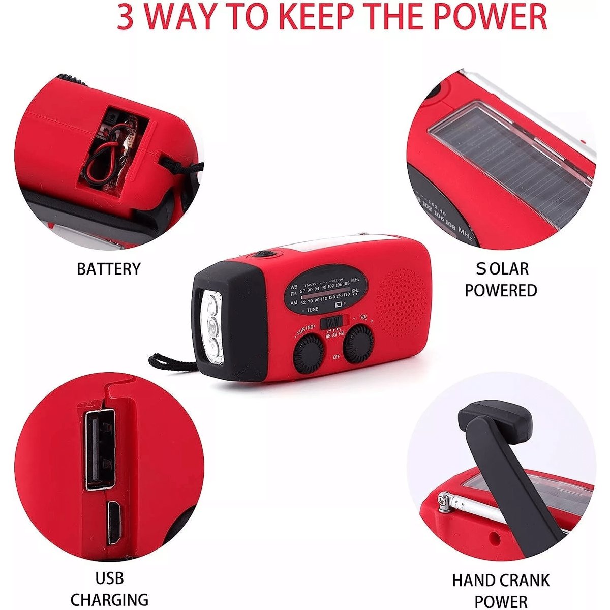 Emergency Crank & Solar Weather Radio - 1000mAh Power Bank + Flashlight — tools kits, back view