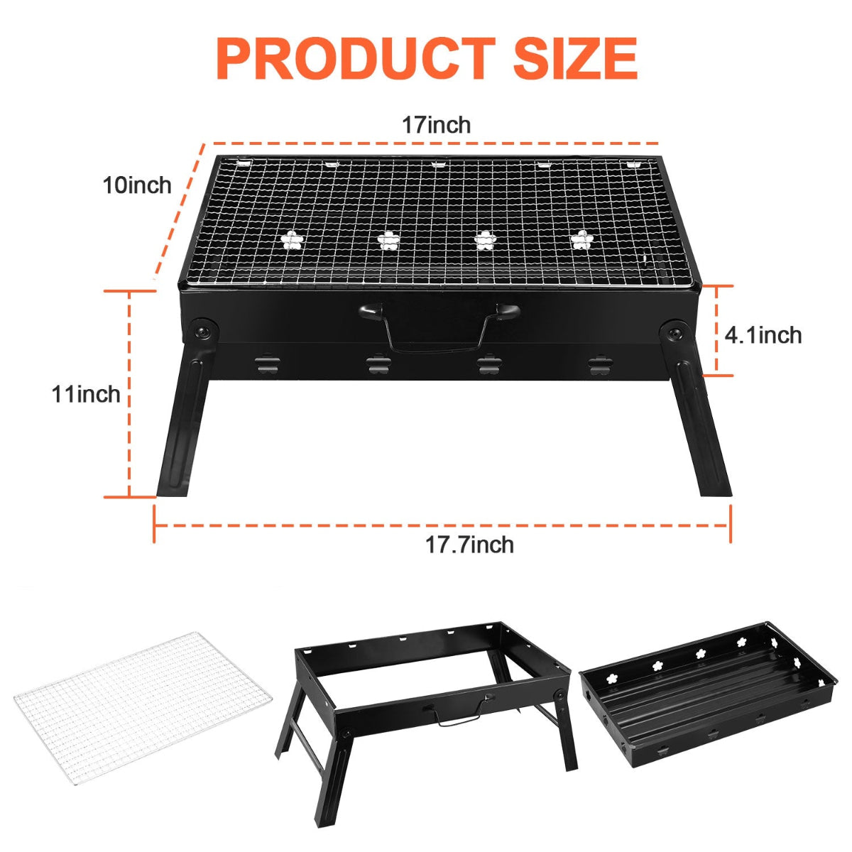 Black portable grill with dimensions labeled on a white background