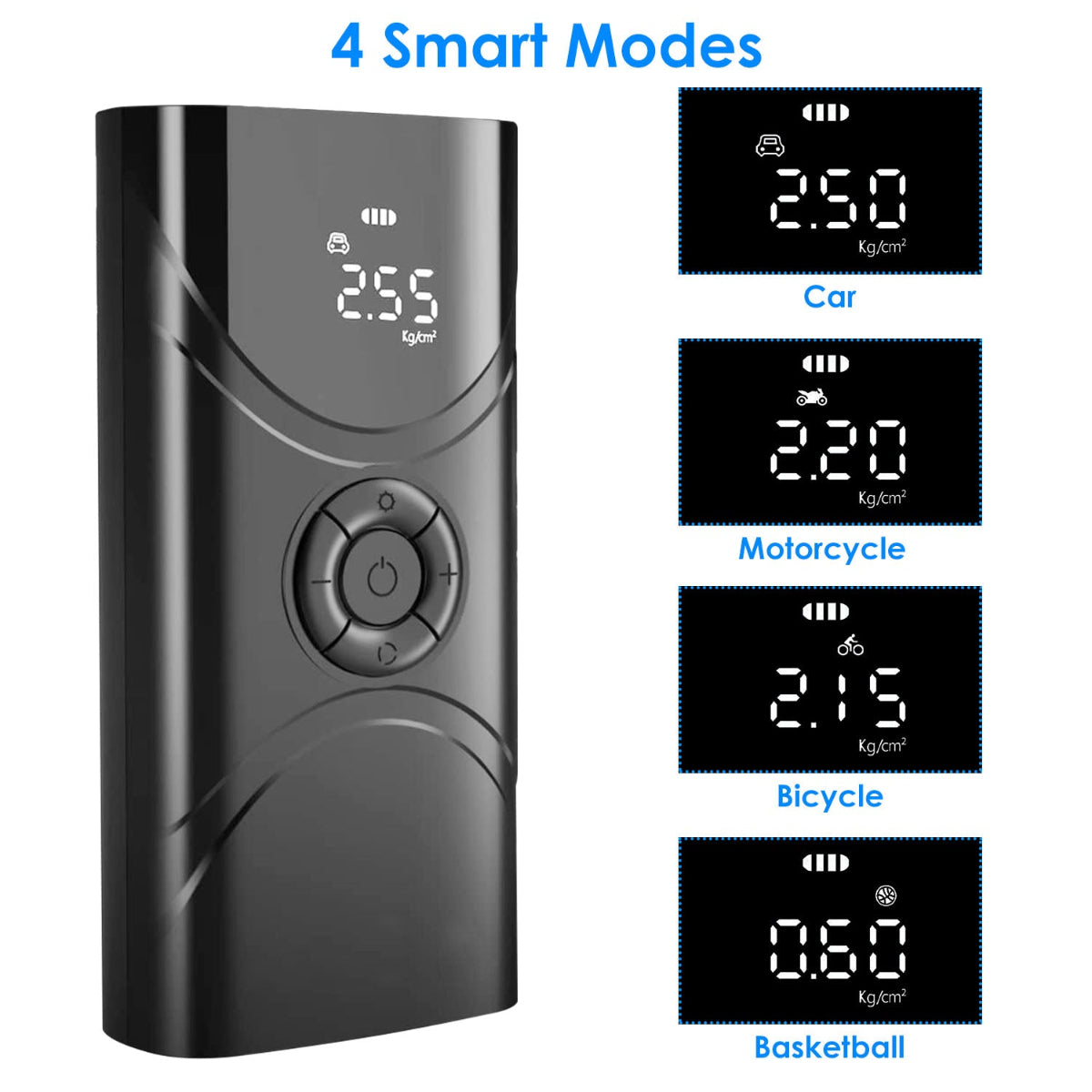 Black electronic device with digital display and control buttons, showing '4 Smart Modes' on a white background.