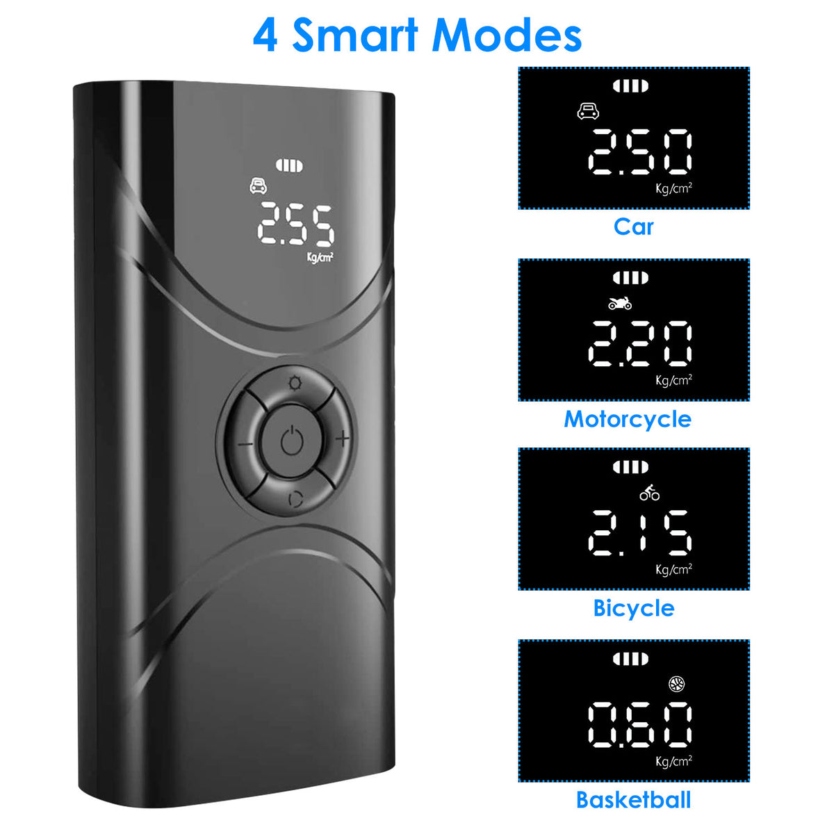 Black electronic device with digital display showing '4 Smart Modes' on a white background.