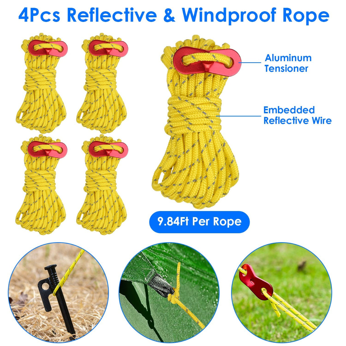 Yellow reflective and windproof rope with aluminum tensioners, labeled features, and usage scenarios.