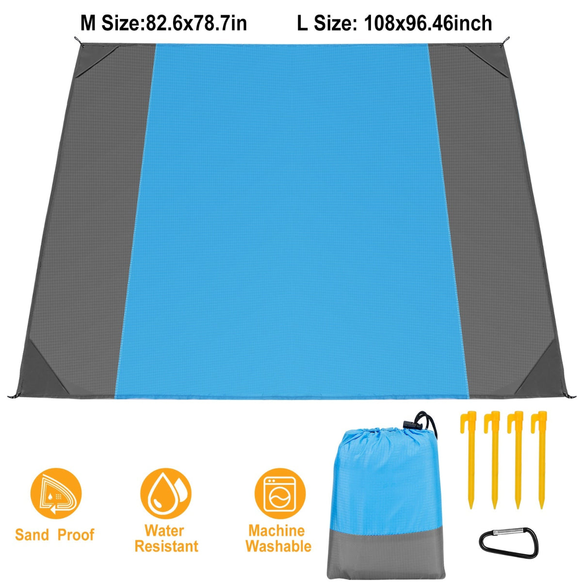 Blue and gray mat with size information, sand proof, water resistant, machine washable icons, and a drawstring bag.