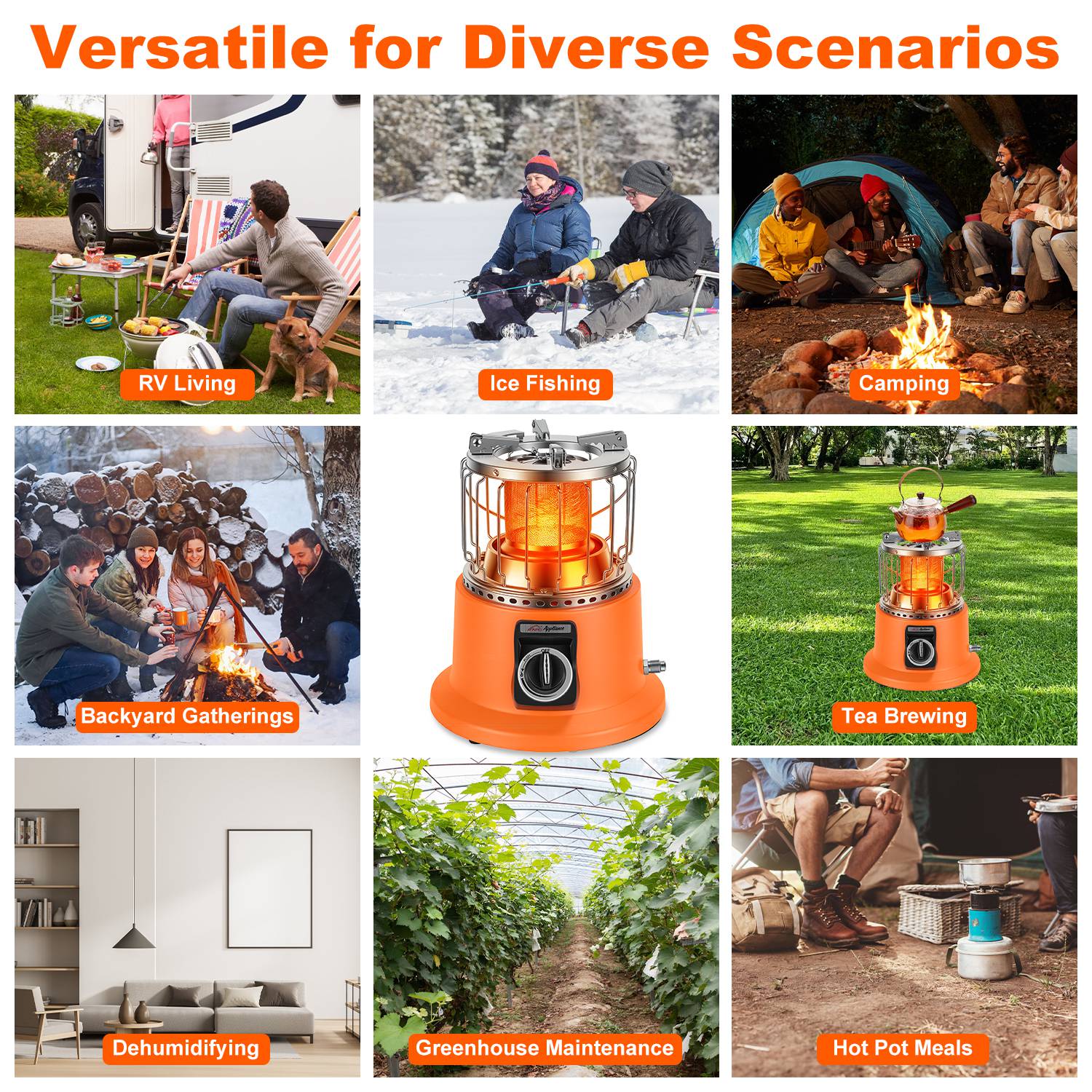 Versatile heating device used in various scenarios including RV living, ice fishing, camping, backyard gatherings, tea brewing, dehumidifying, greenhouse maintenance, and hot pot meals.
