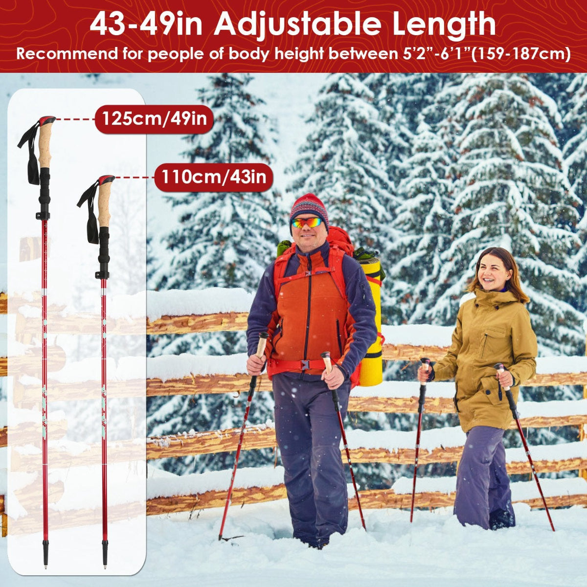 Two people with red ski poles in a snowy landscape, with text about adjustable ski pole length.