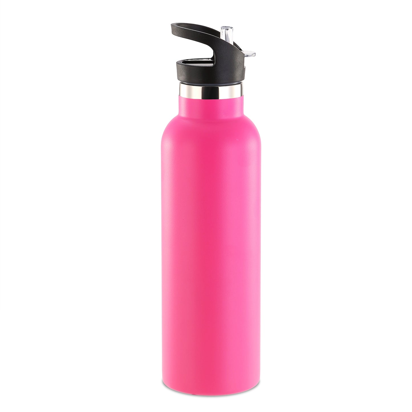 Pink water bottle with a black lid on a white background