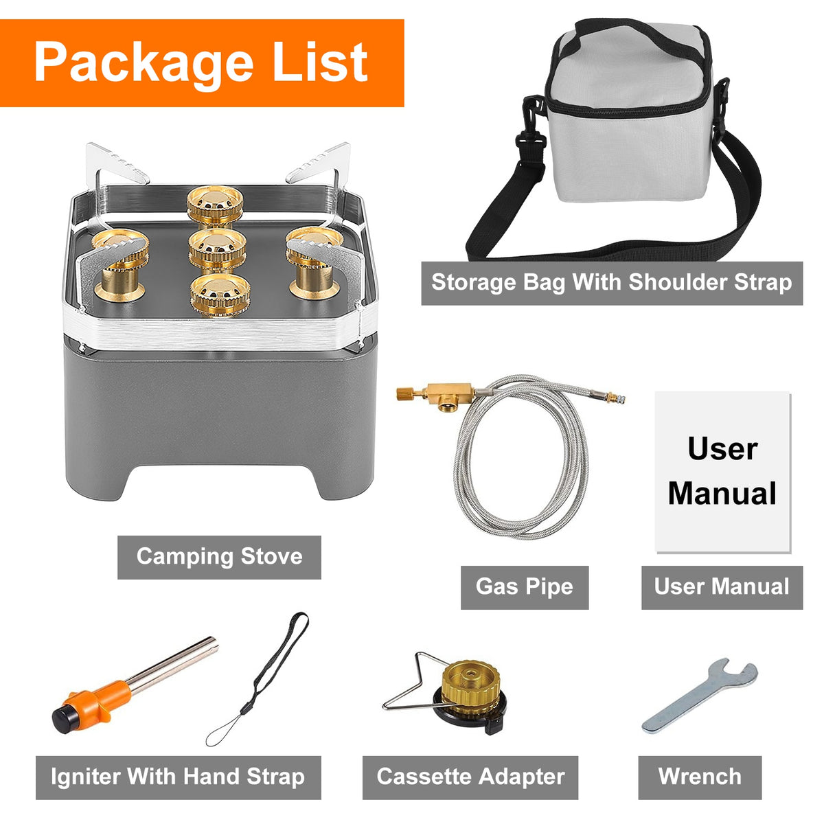 Package list of a camping stove with accessories on a white background