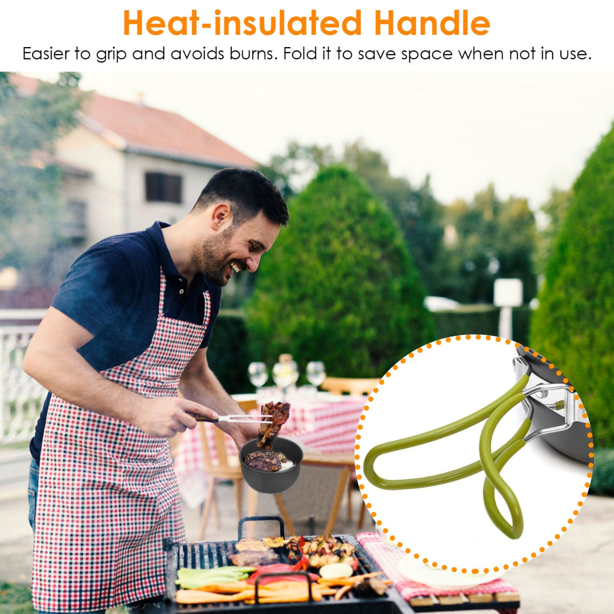 Man grilling outdoors with a heat-insulated handle tool, surrounded by greenery.