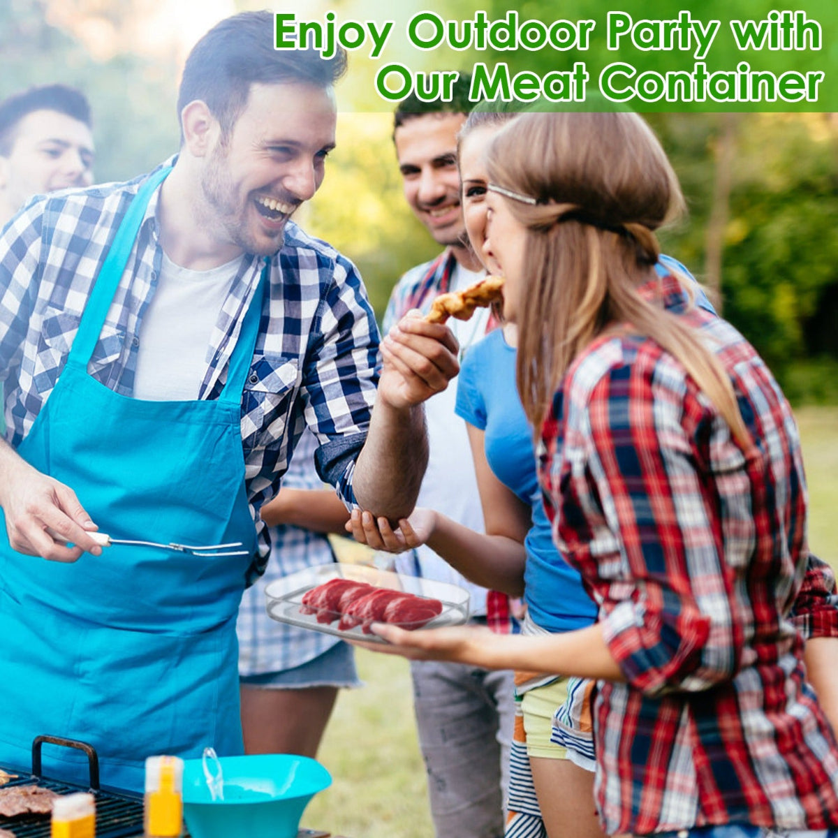 People enjoying a barbecue outdoors with text promoting a meat container.