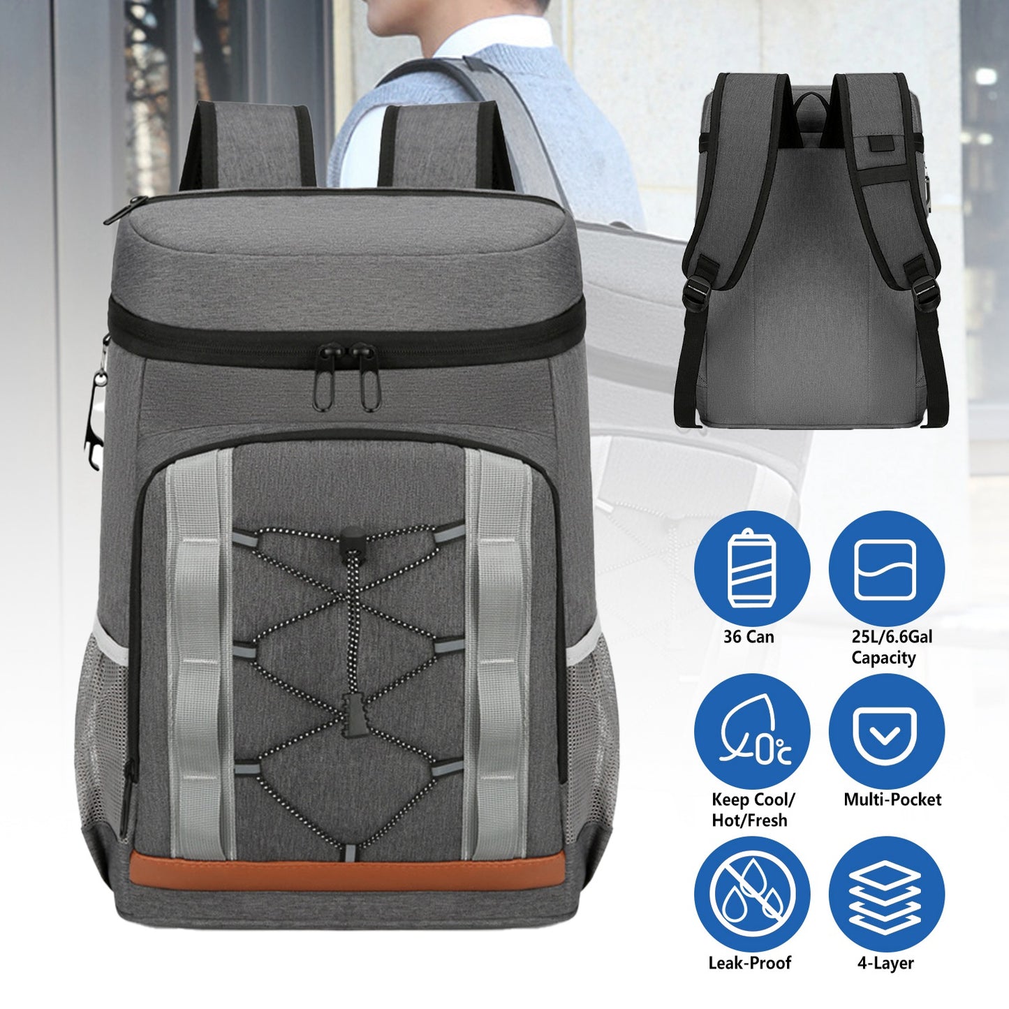 Gray backpack with black accents and a person wearing it, featuring product specifications on a white background.