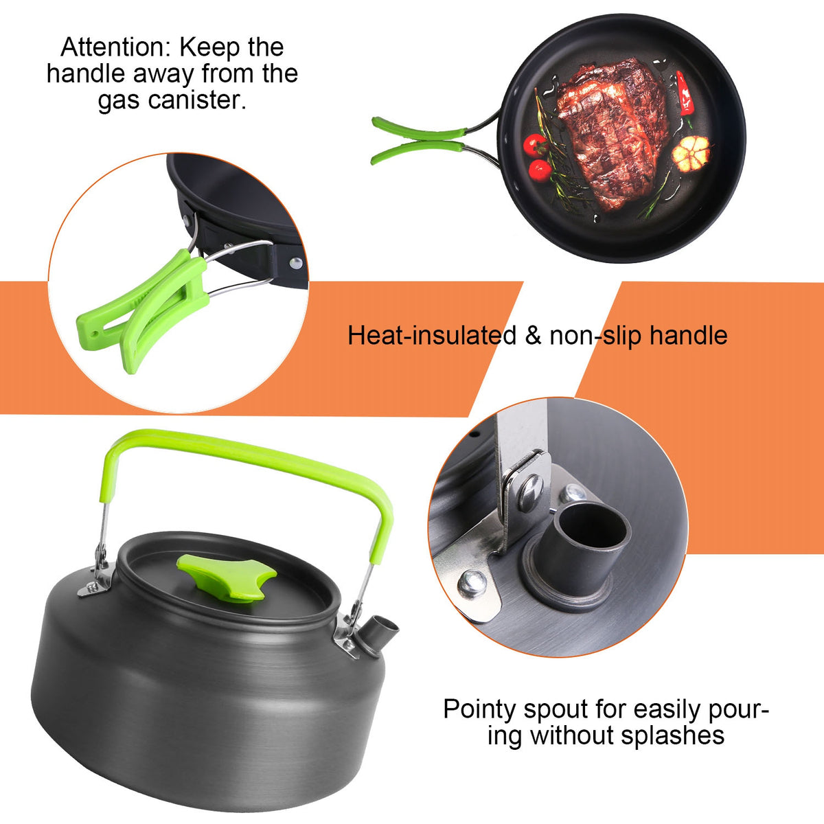 Cooking set with heat-insulated handle, pointy spout, and pan on an orange background