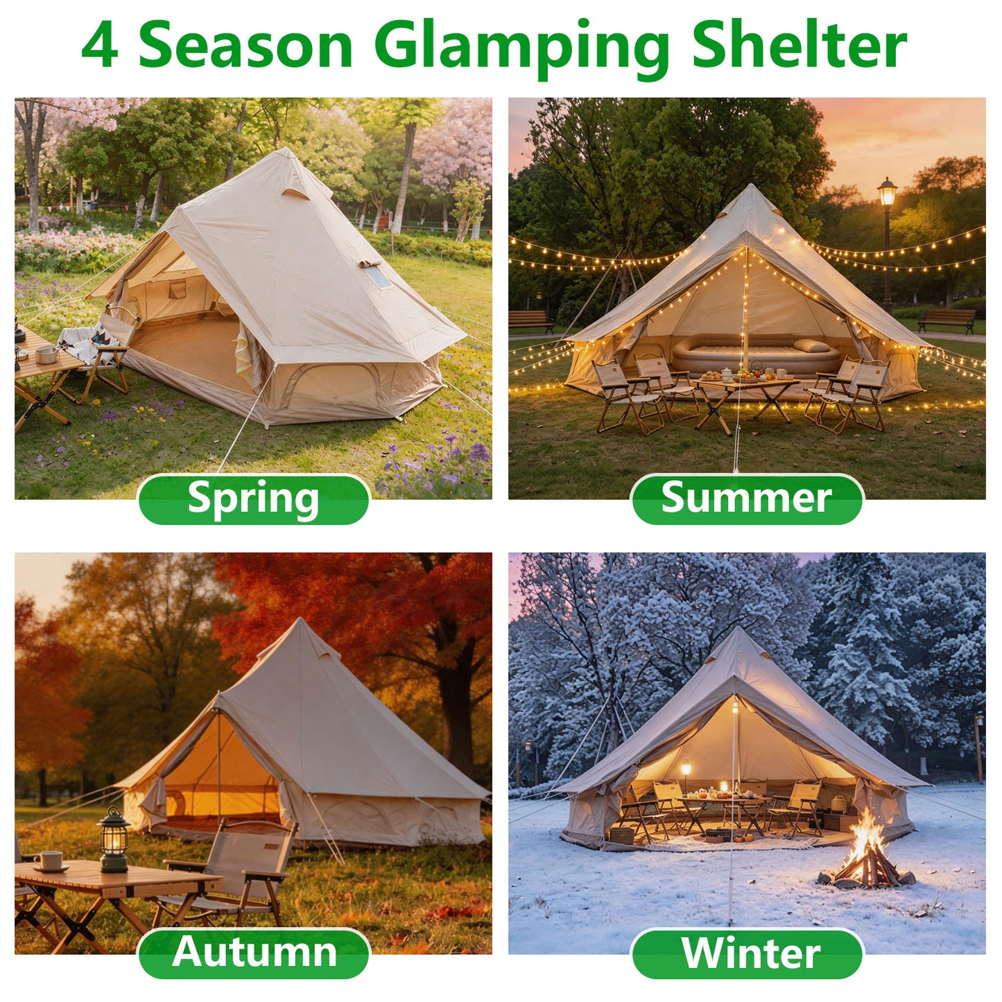 Beige 9.8 FT Oxford Bell Tent with Stove Jack – 3–4 Person