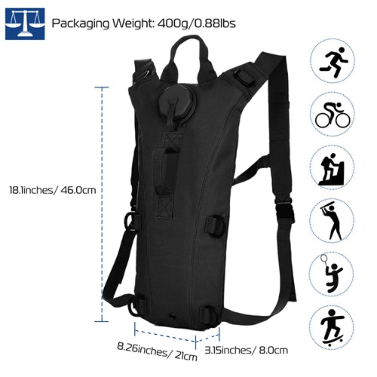 Black hydration backpack with measurements and icons on a white background
