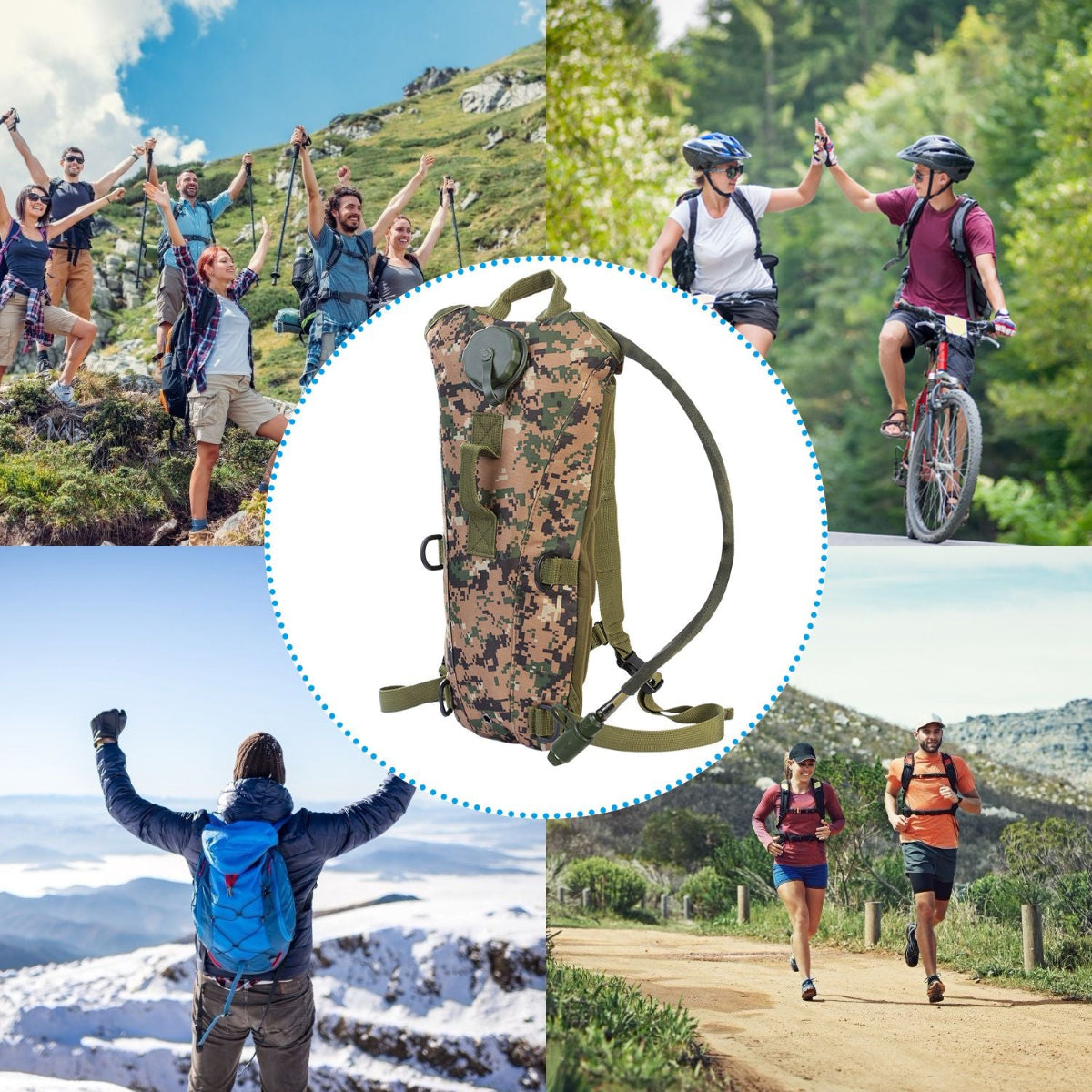 Camouflage hydration backpack with outdoor activities in the background