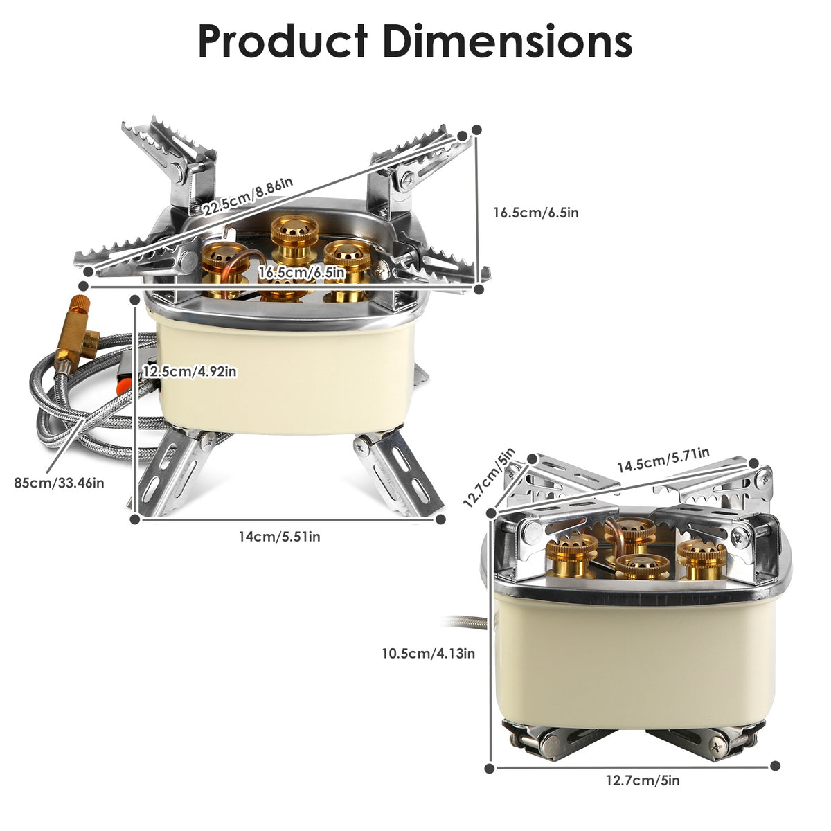 Measurement chart of a camping stove with dimensions labeled