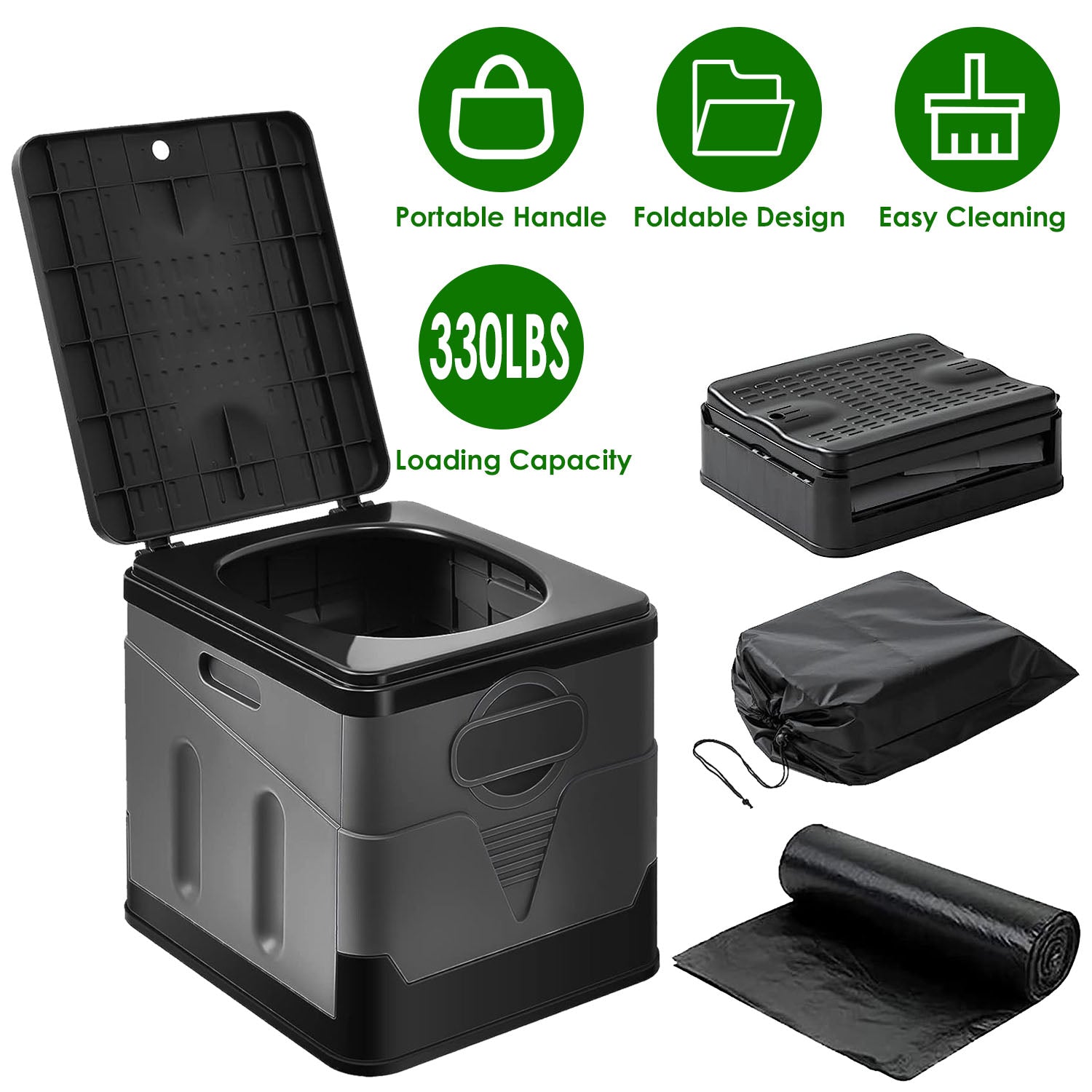 Black portable compost bin with features listed on a white background