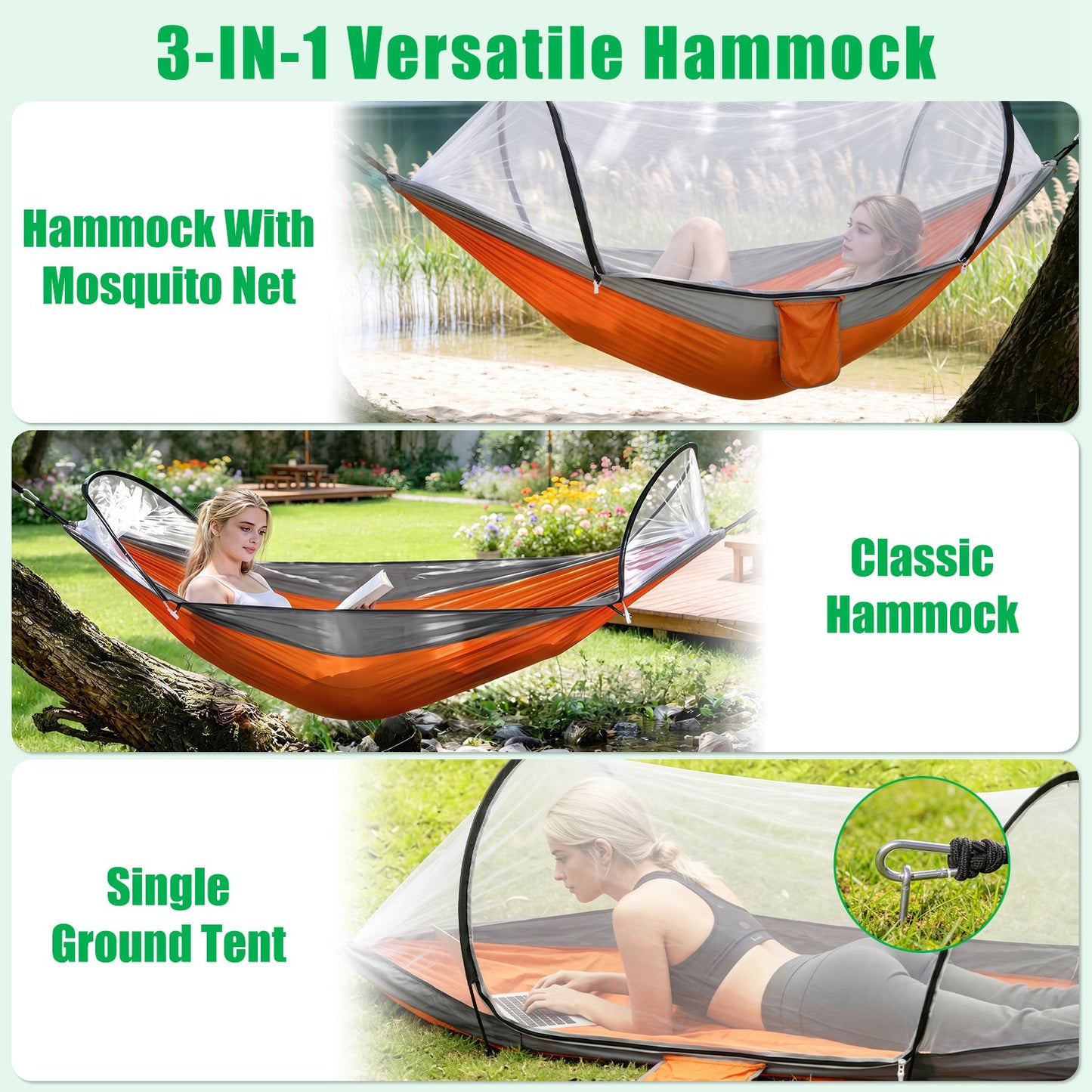 Lake Forest 3-in-1 Camping Hammock with Mosquito Net – Orange/Grey