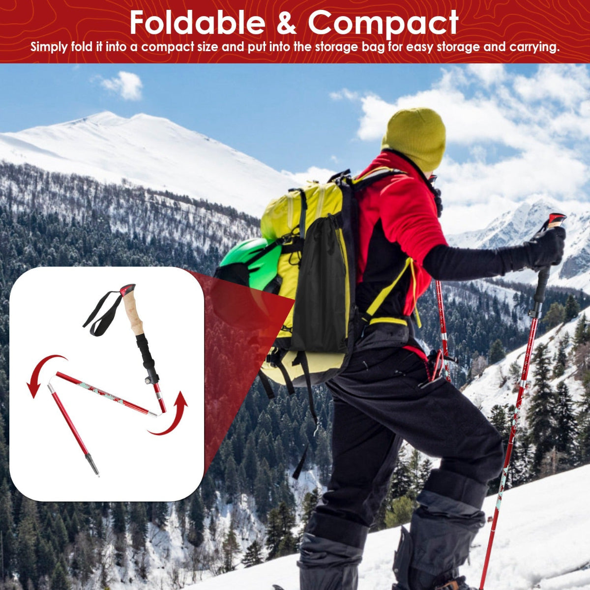 Person in winter gear with a backpack and red ski poles on a snowy mountain, emphasizing foldable and compact feature.